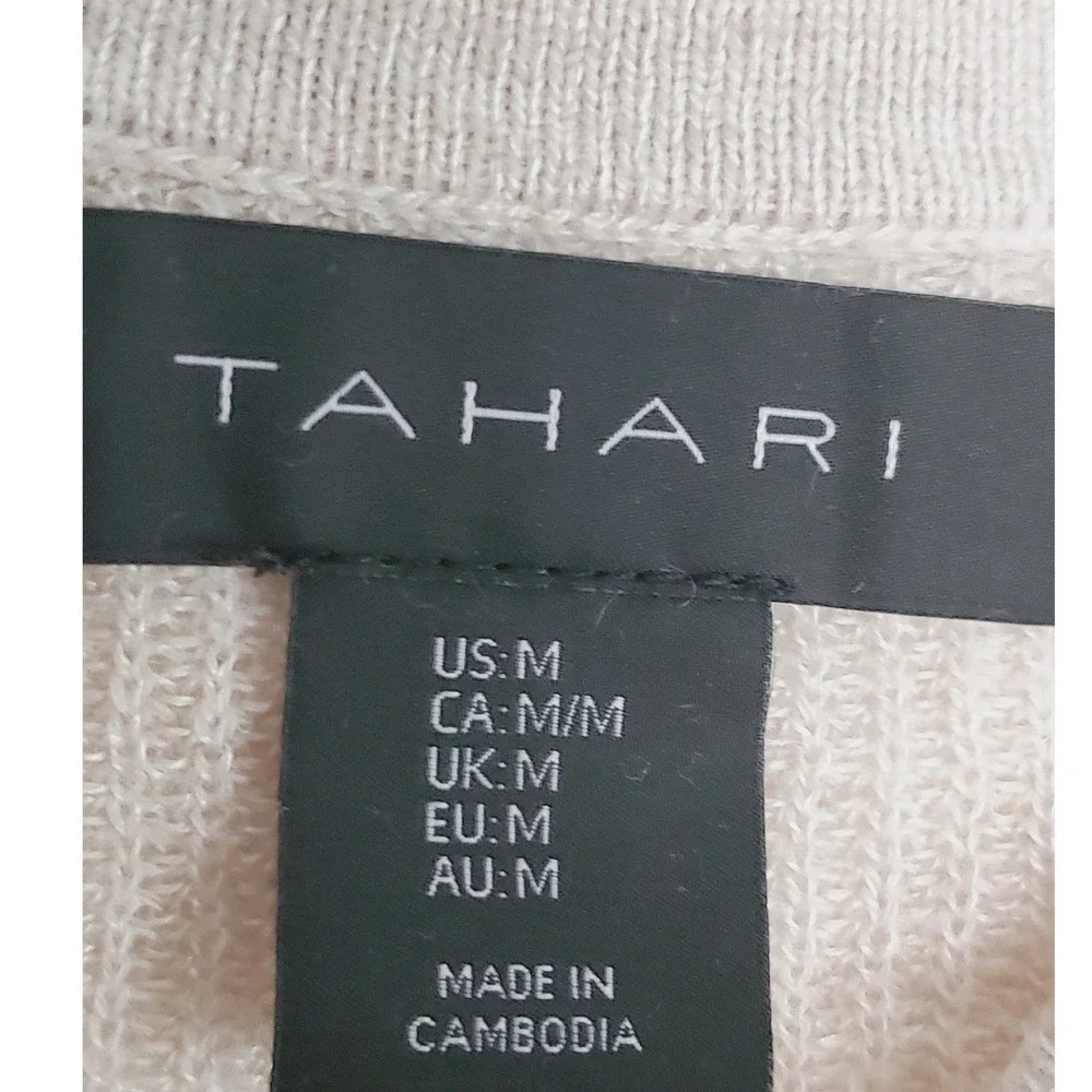 Tahari Sweater Beige Linen Blend‎ Pointelle Knit Long Sleeve Casual Neutral Med
